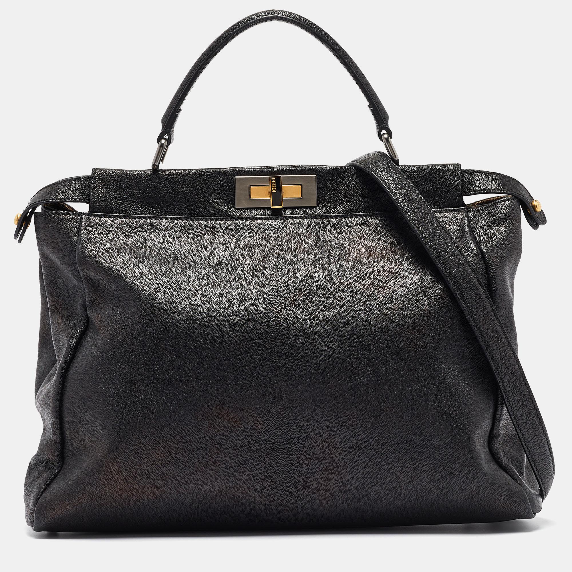 Fendi Black Leather Large Peekaboo Top Handle Bag For Sale 2