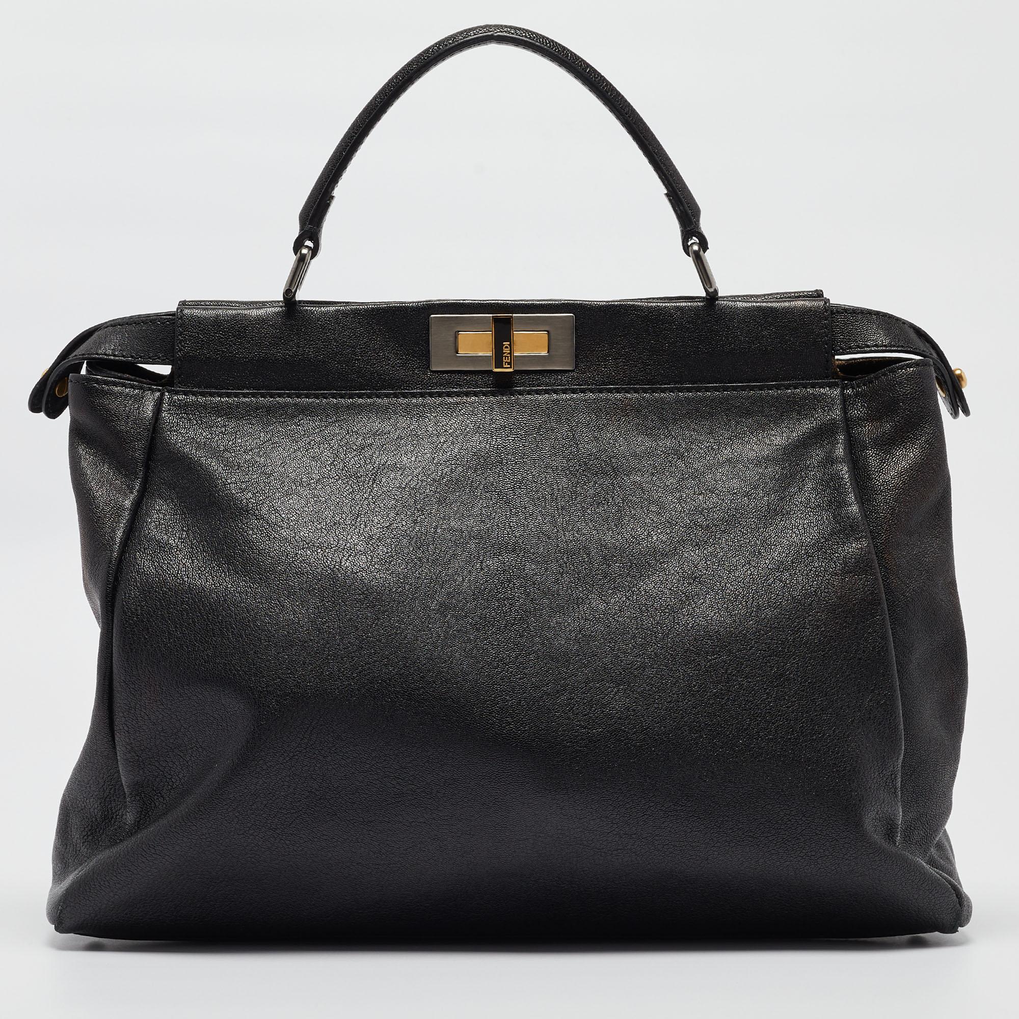 Fendi Black Leather Large Peekaboo Top Handle Bag For Sale 3