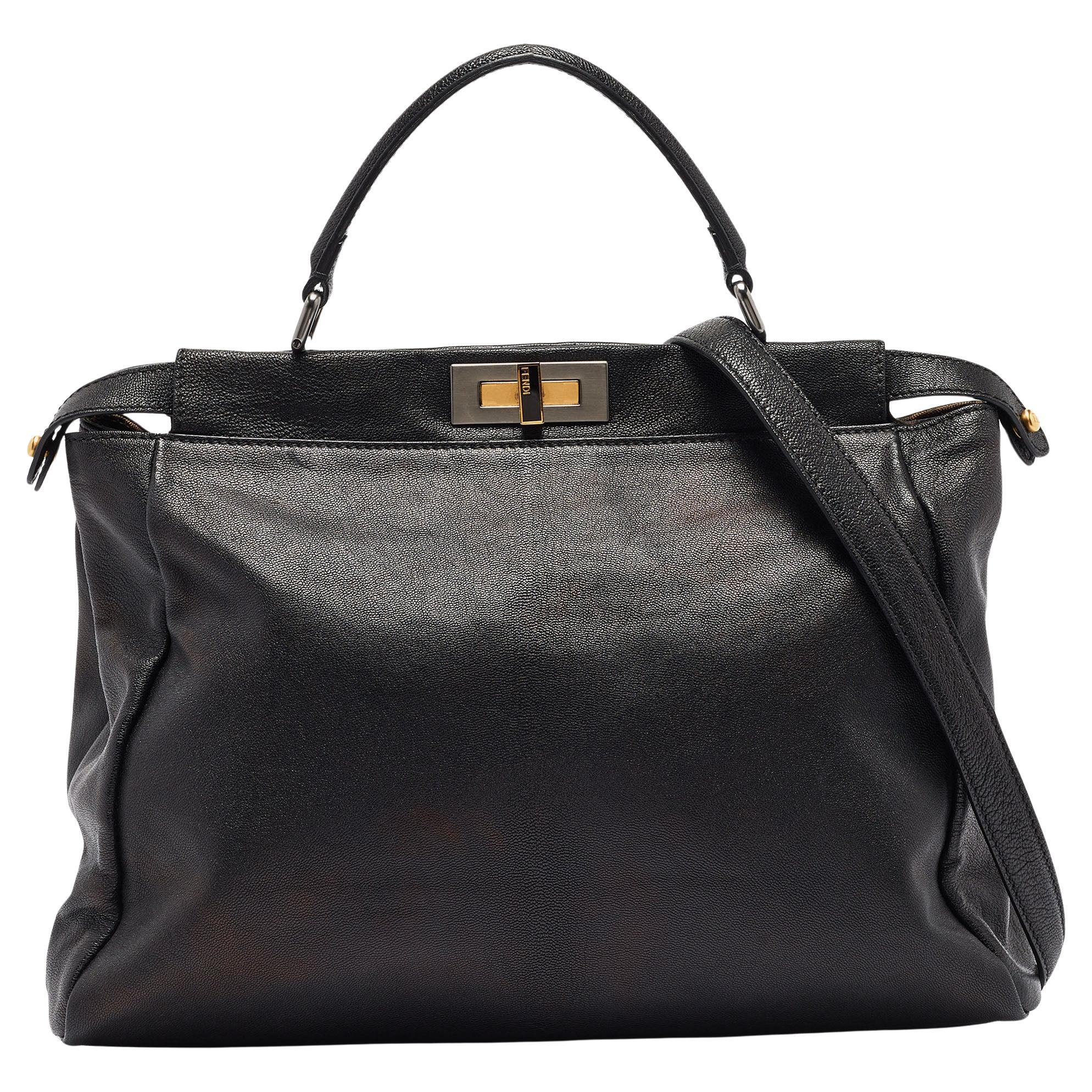 Fendi Black Leather Large Peekaboo Top Handle Bag For Sale