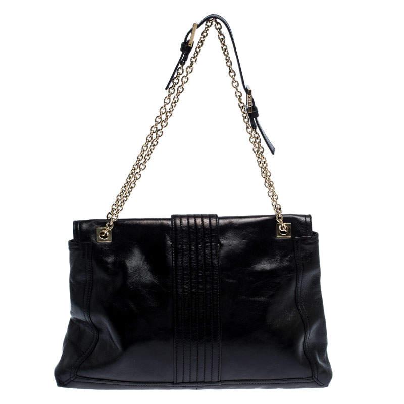Women's Fendi Black Leather Maxi Baguette Flap Shoulder Bag