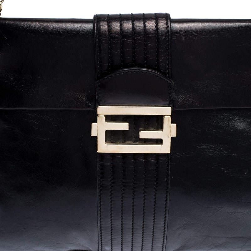 Fendi Black Leather Maxi Baguette Flap Shoulder Bag 1