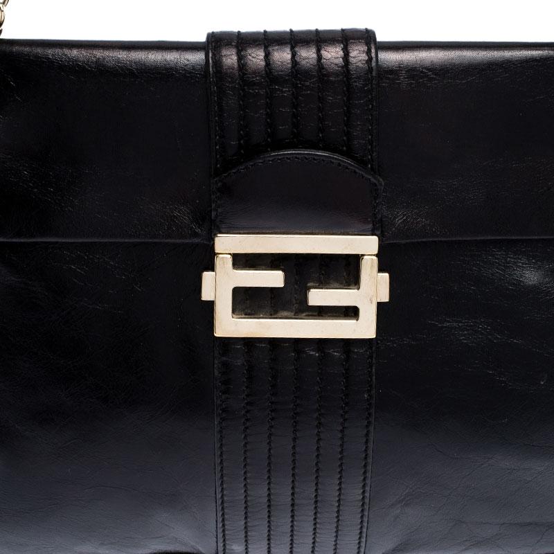 Fendi Black Leather Maxi Baguette Flap Shoulder Bag 2