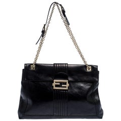 Fendi Black Leather Maxi Baguette Flap Shoulder Bag