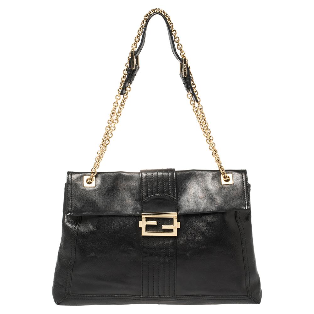 Fendi Black Leather Maxi Baguette Flap Shoulder Bag