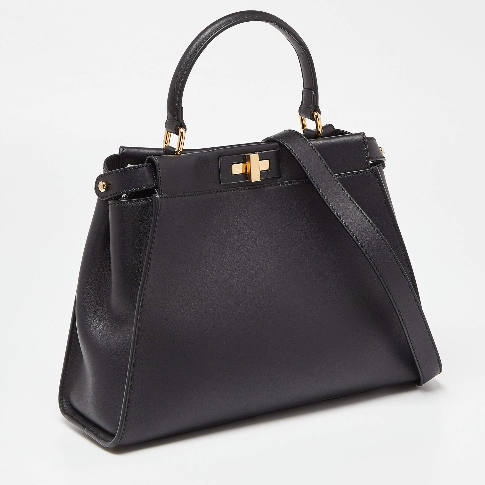 Fendi Black Leather Medium Peekaboo Iconic Top Handle Bag 6