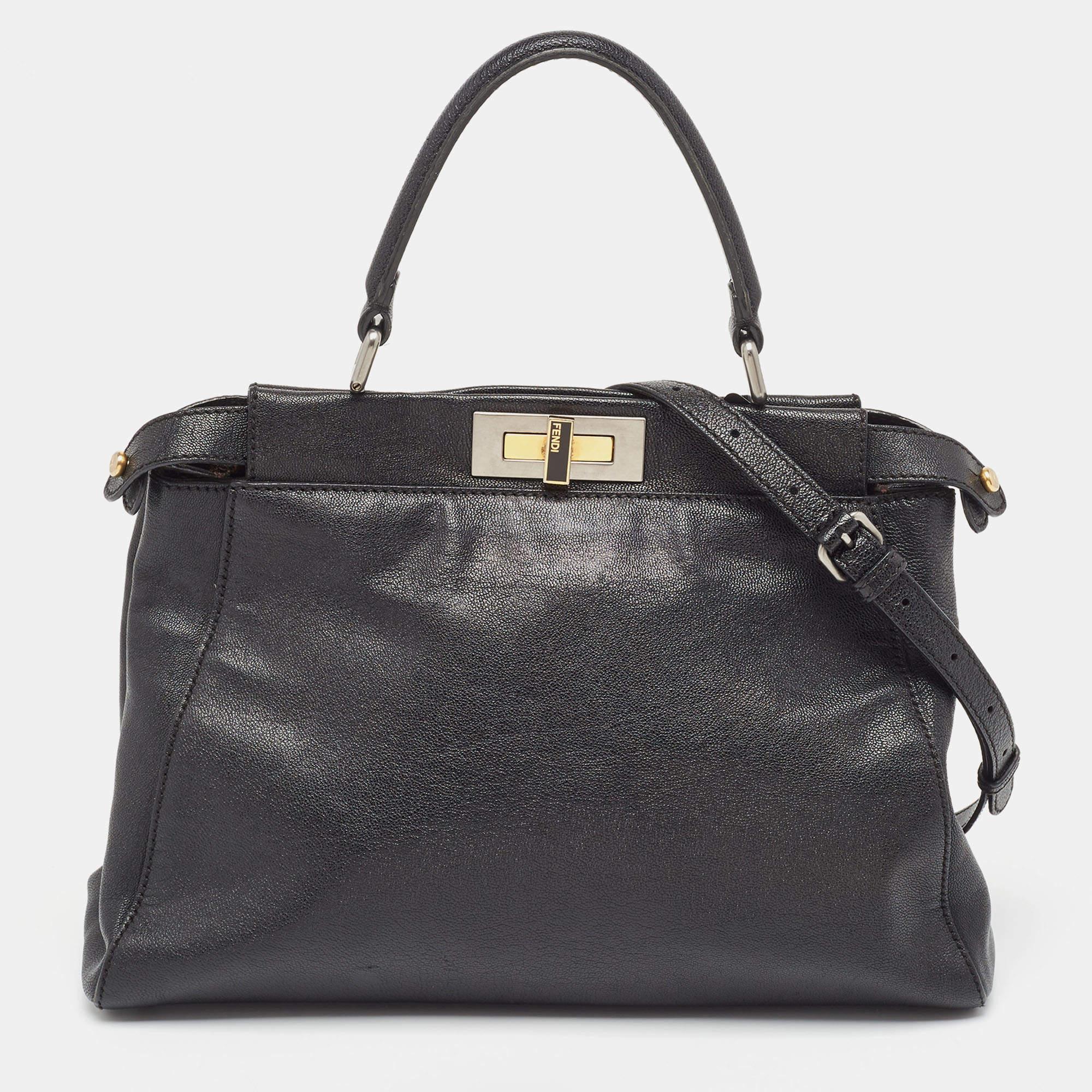 Fendi Black Leather Medium Peekaboo Top Handle Bag 12