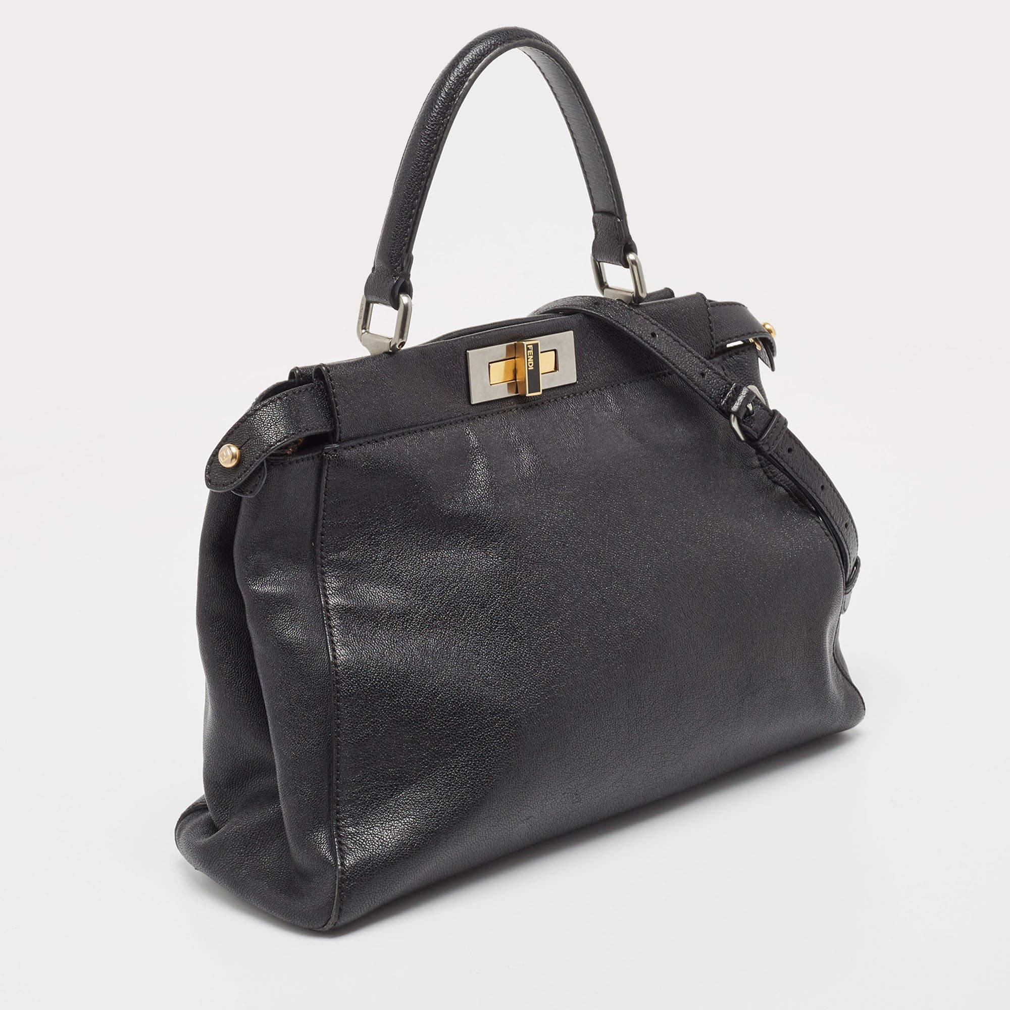 Fendi Black Leather Medium Peekaboo Top Handle Bag In Good Condition In Dubai, Al Qouz 2