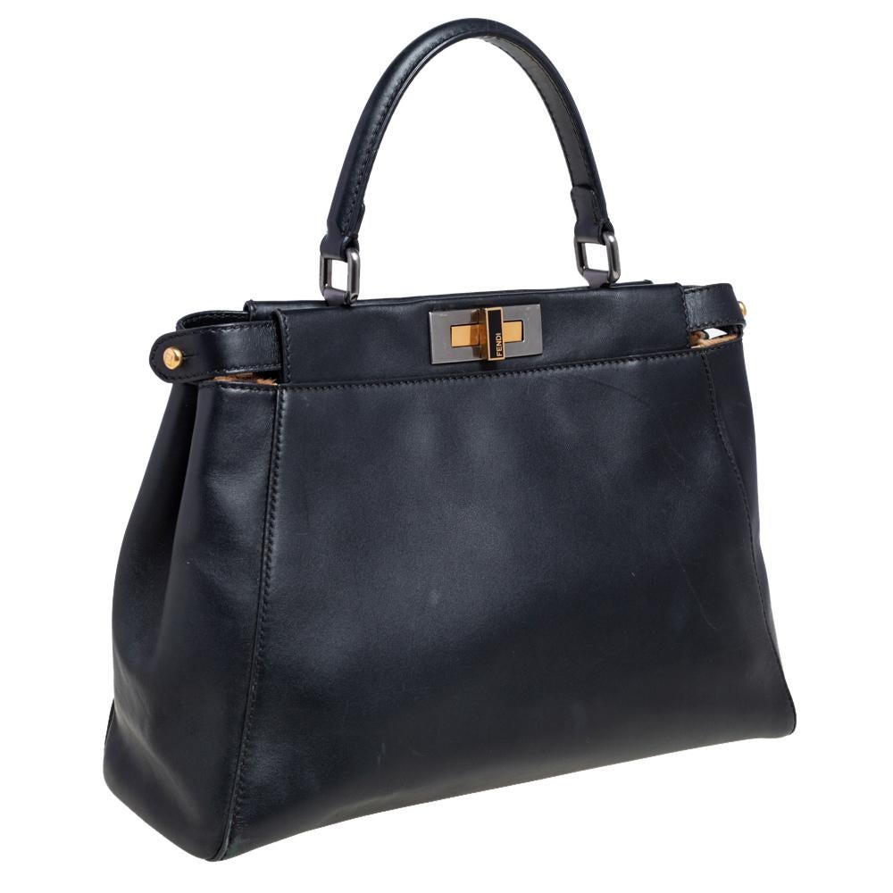 Women's Fendi Black Leather Medium Peekaboo Top Handle Bag