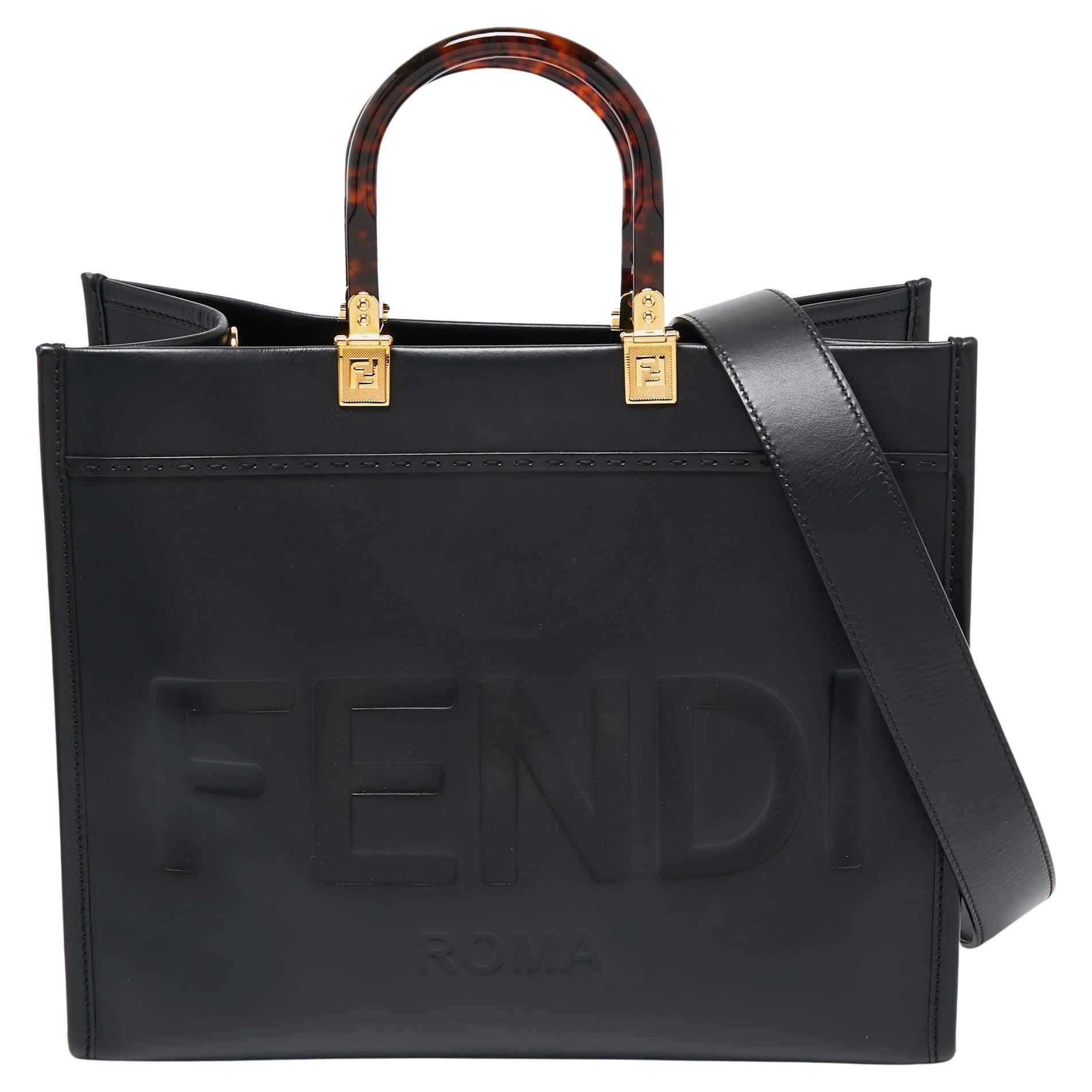 Fendi Black Leather Medium Sunshine Shopper Tote For Sale