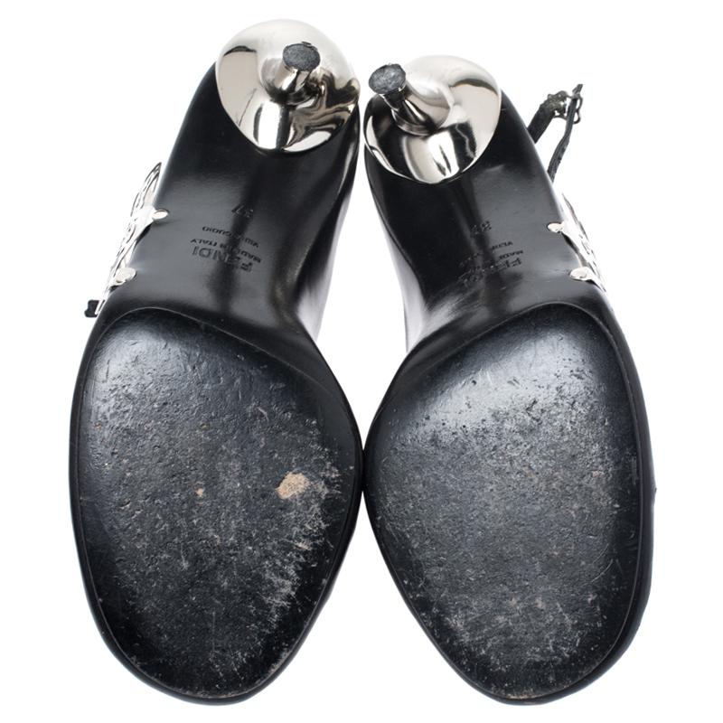 Women's Fendi Black Leather Metal Applique Embellished Ankle Strap Sandals Size 37 For Sale