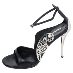 Fendi Black Leather Metal Applique Embellished Ankle Strap Sandals Size 37