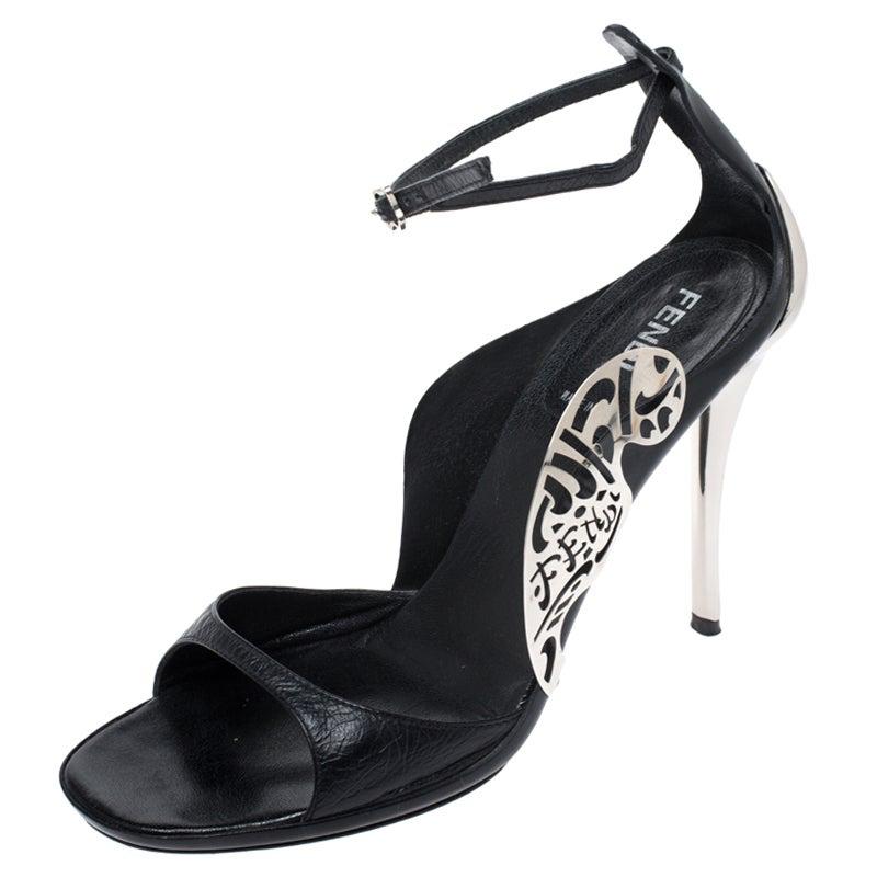 Fendi Black Leather Metal Applique Embellished Ankle Strap Sandals Size 37 For Sale