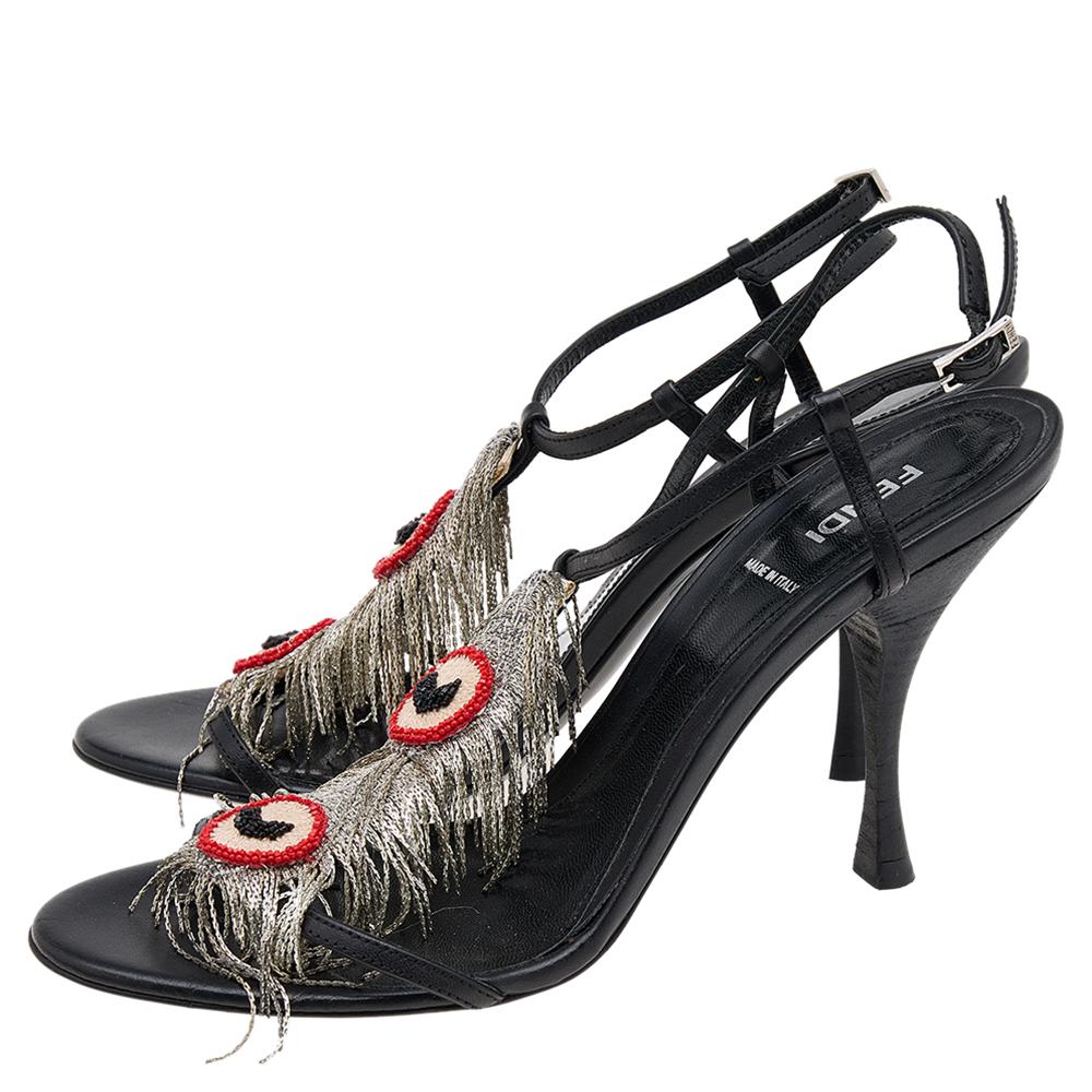 Fendi Black Leather Metal Peacock Feather T-Strap Sandals Size 39.5 1