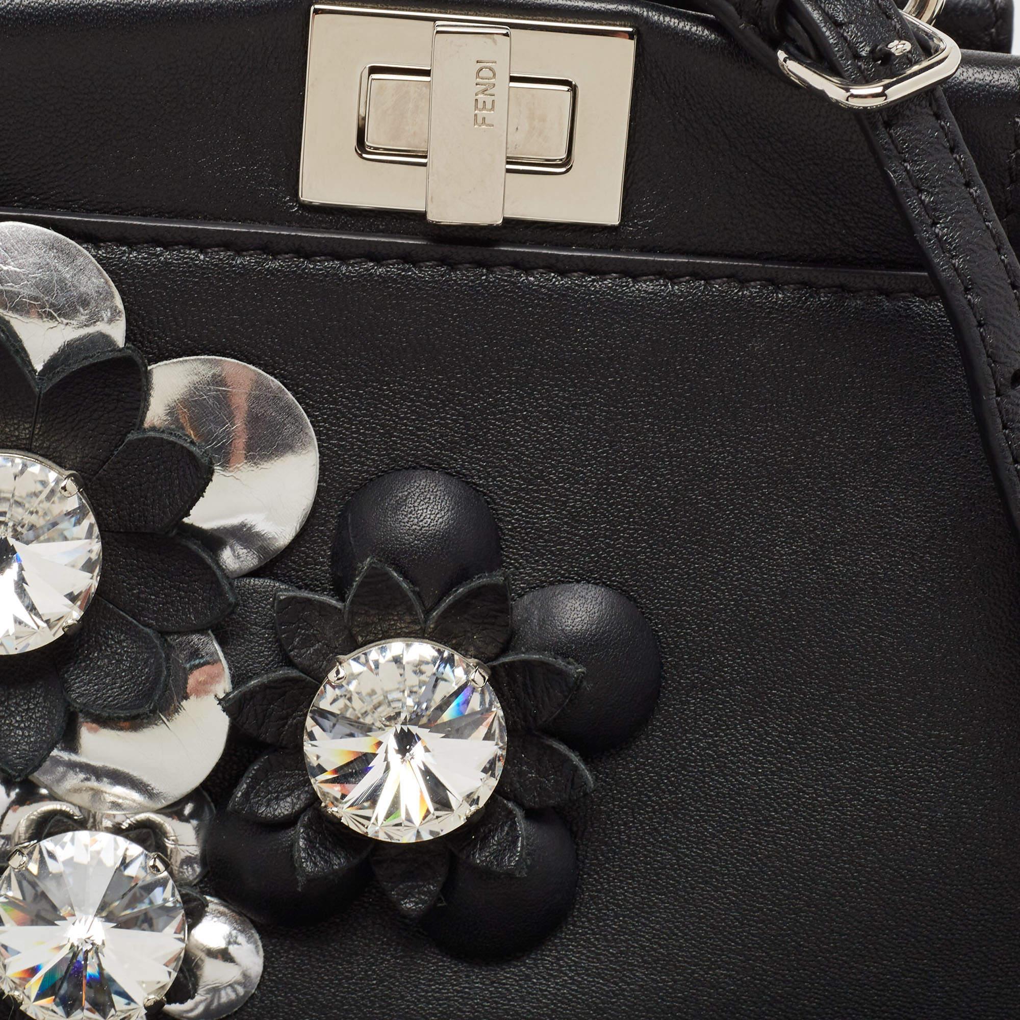 Fendi Black Leather Micro Crystal Embellished Peekaboo Crossbody Bag For Sale 6