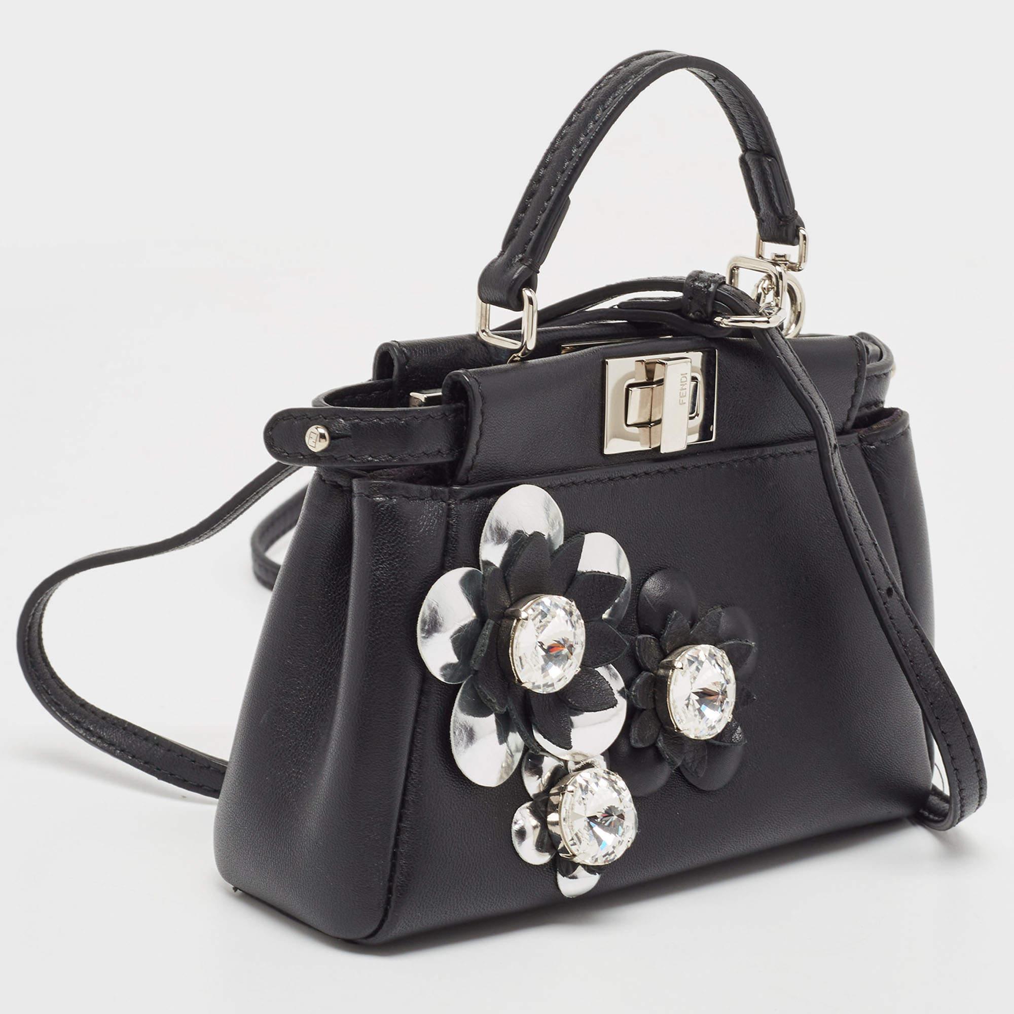 Fendi Black Leather Micro Crystal Embellished Peekaboo Crossbody Bag For Sale 1