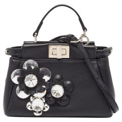 Fendi Black Leather Micro Crystal Embellished Peekaboo Crossbody Bag