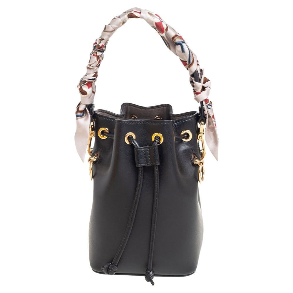 Fendi Black Leather Mini Mon Tresor Drawstring Bucket Bag