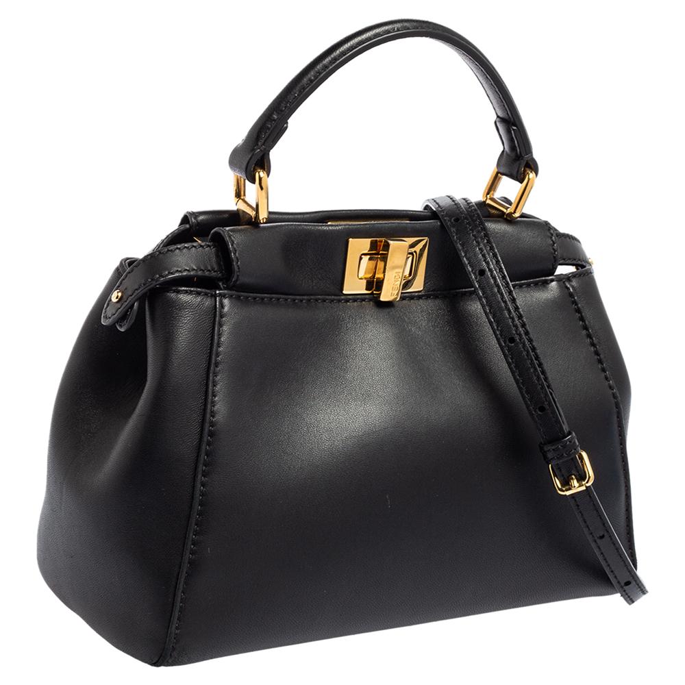 Women's Fendi Black Leather Mini Peekaboo Top Handle Bag