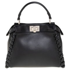 Fendi Black Leather Mini Whipstitched Peekaboo Top Handle Bag