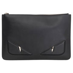 FENDI black leather MONSTER EYE ZIP POUCH Clutch Bag