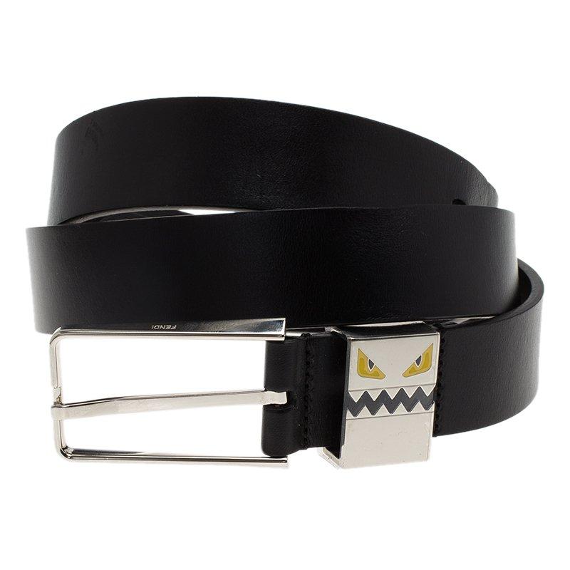 Fendi’s signature monster face features on the metal keeper loop of this black leather belt. The slim smooth leather belt has silver toned buckle. Wear the belt to show off the designer brand with its funky trademark face.

Includes: Packaging

