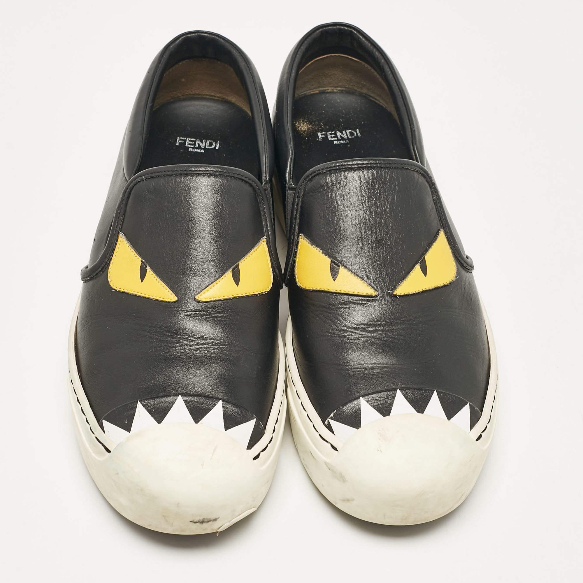 Fendi Black Leather Monster Slip On Sneakers 38.5 In Good Condition In Dubai, Al Qouz 2