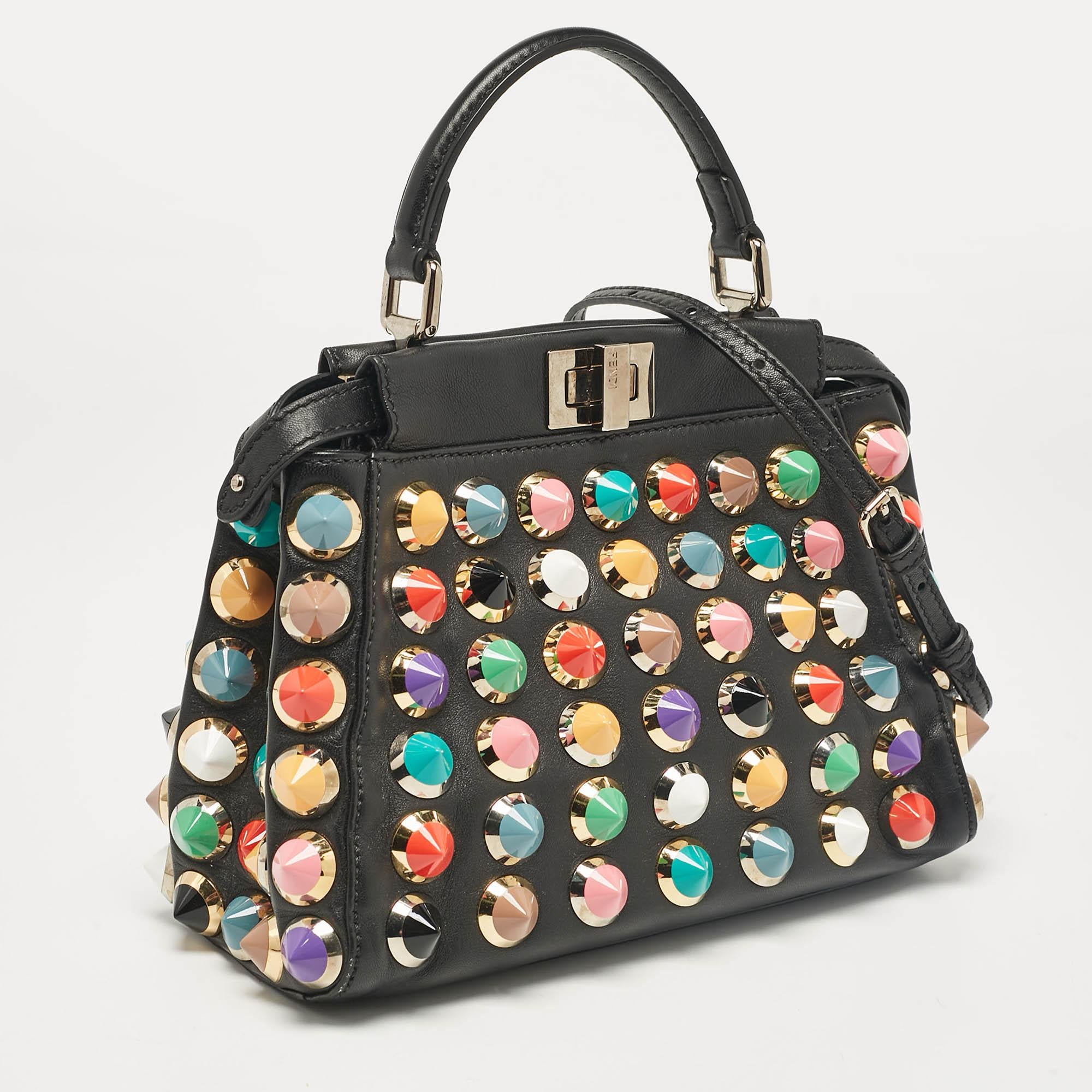 Fendi Black Leather Multicolor Studs Mini Peekaboo Top Handle Bag In Good Condition For Sale In Dubai, Al Qouz 2
