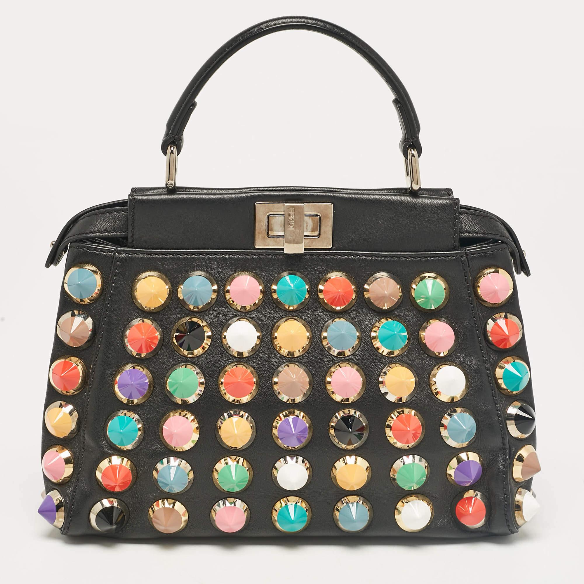 Women's Fendi Black Leather Multicolor Studs Mini Peekaboo Top Handle Bag For Sale