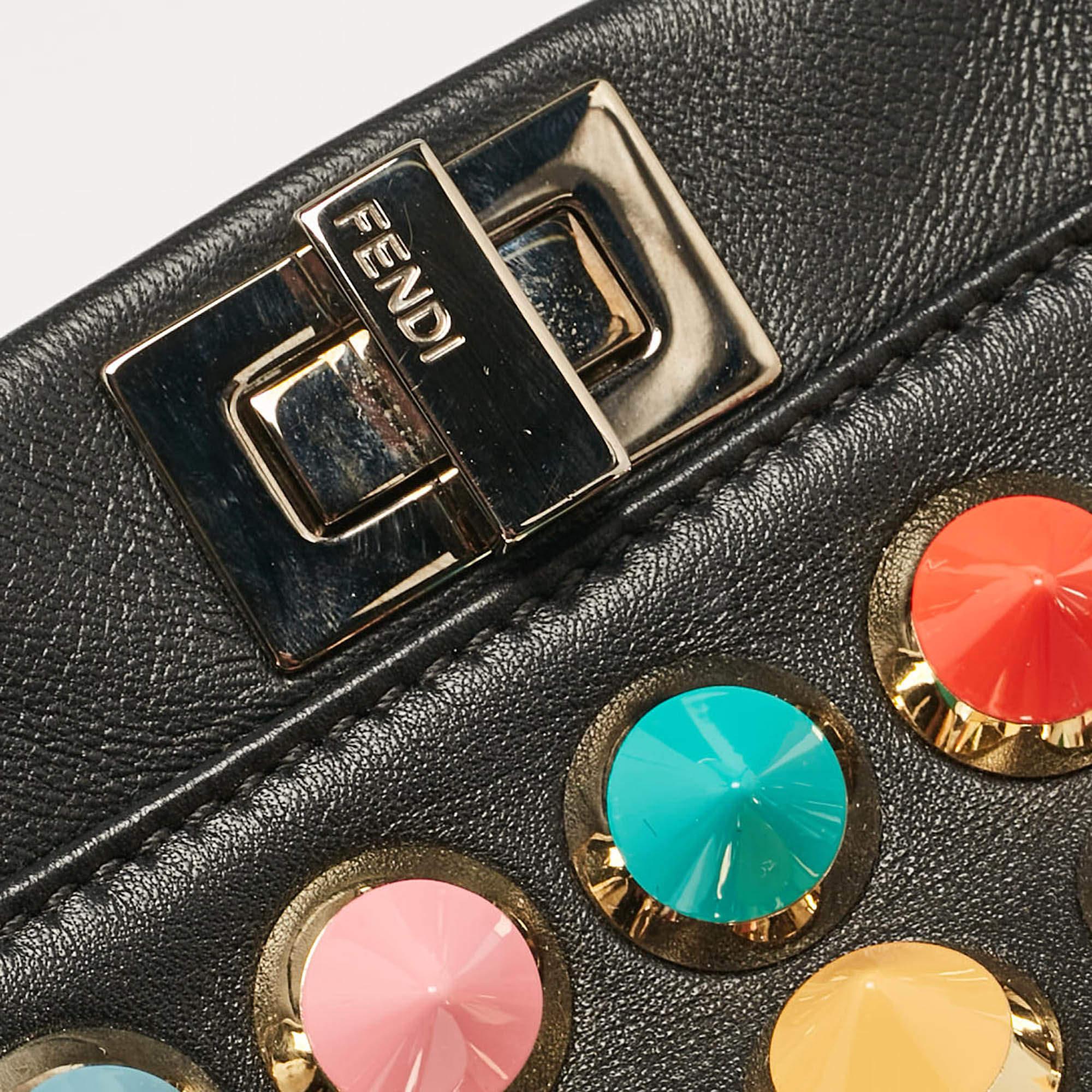 Fendi Black Leather Multicolor Studs Mini Peekaboo Top Handle Bag For Sale 2