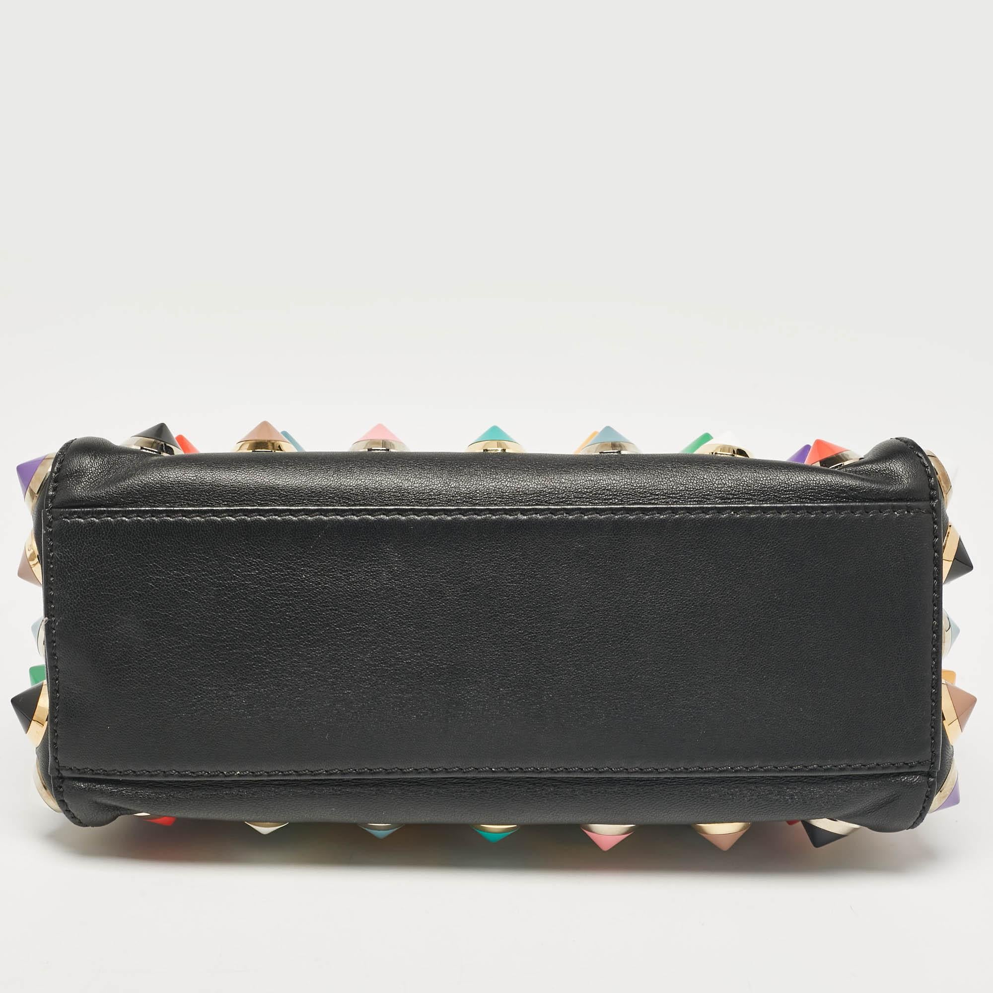 Fendi Black Leather Multicolor Studs Mini Peekaboo Top Handle Bag For Sale 5