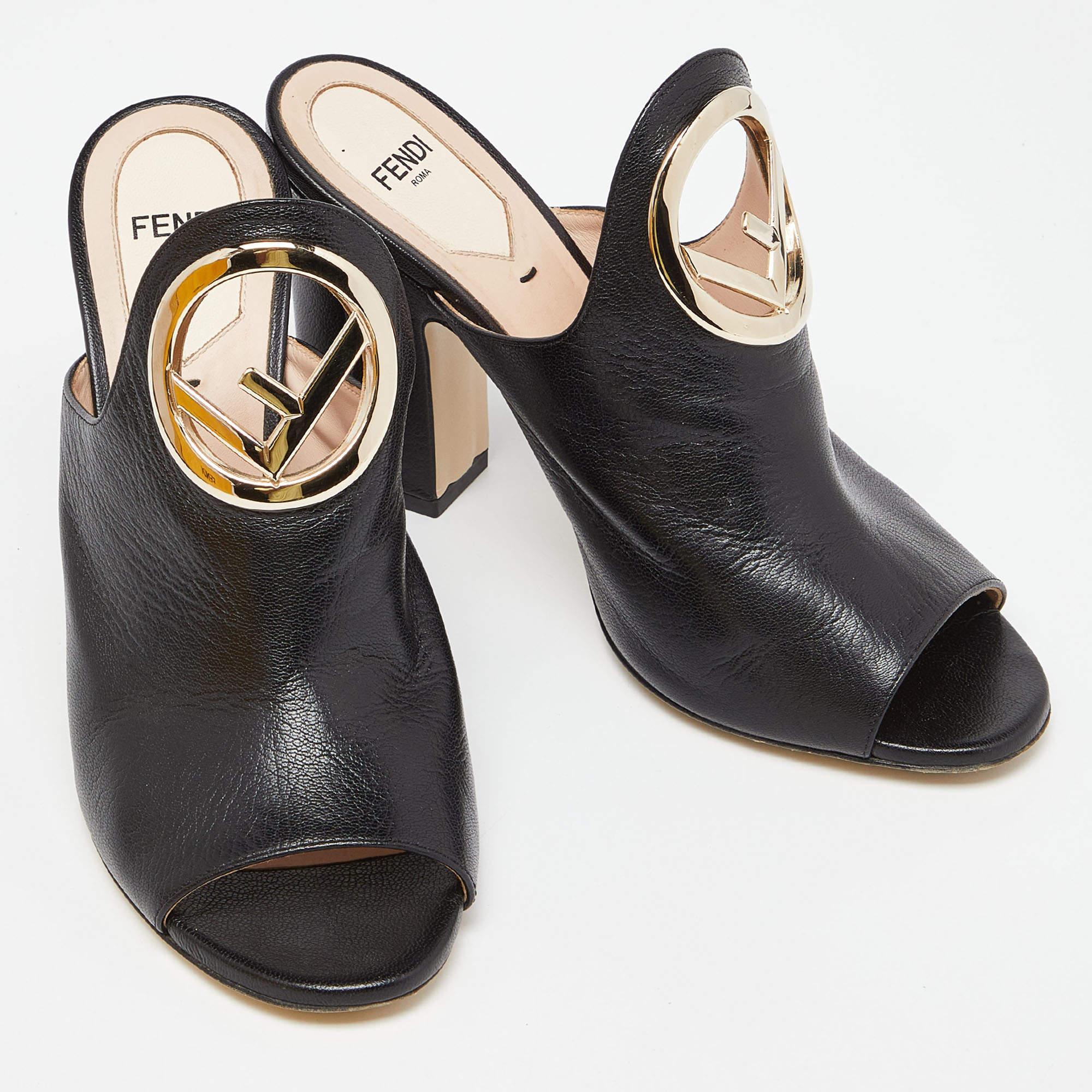 Women's Fendi Black Leather Open Toe Mules Size 38
