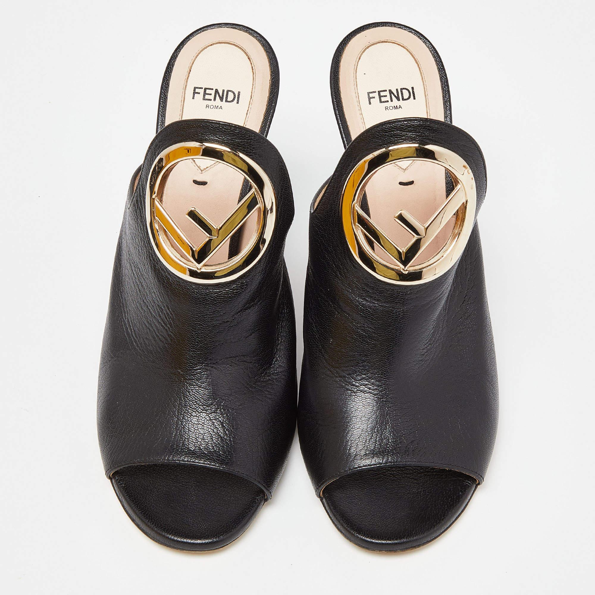 Fendi Black Leather Open Toe Mules Size 38 1