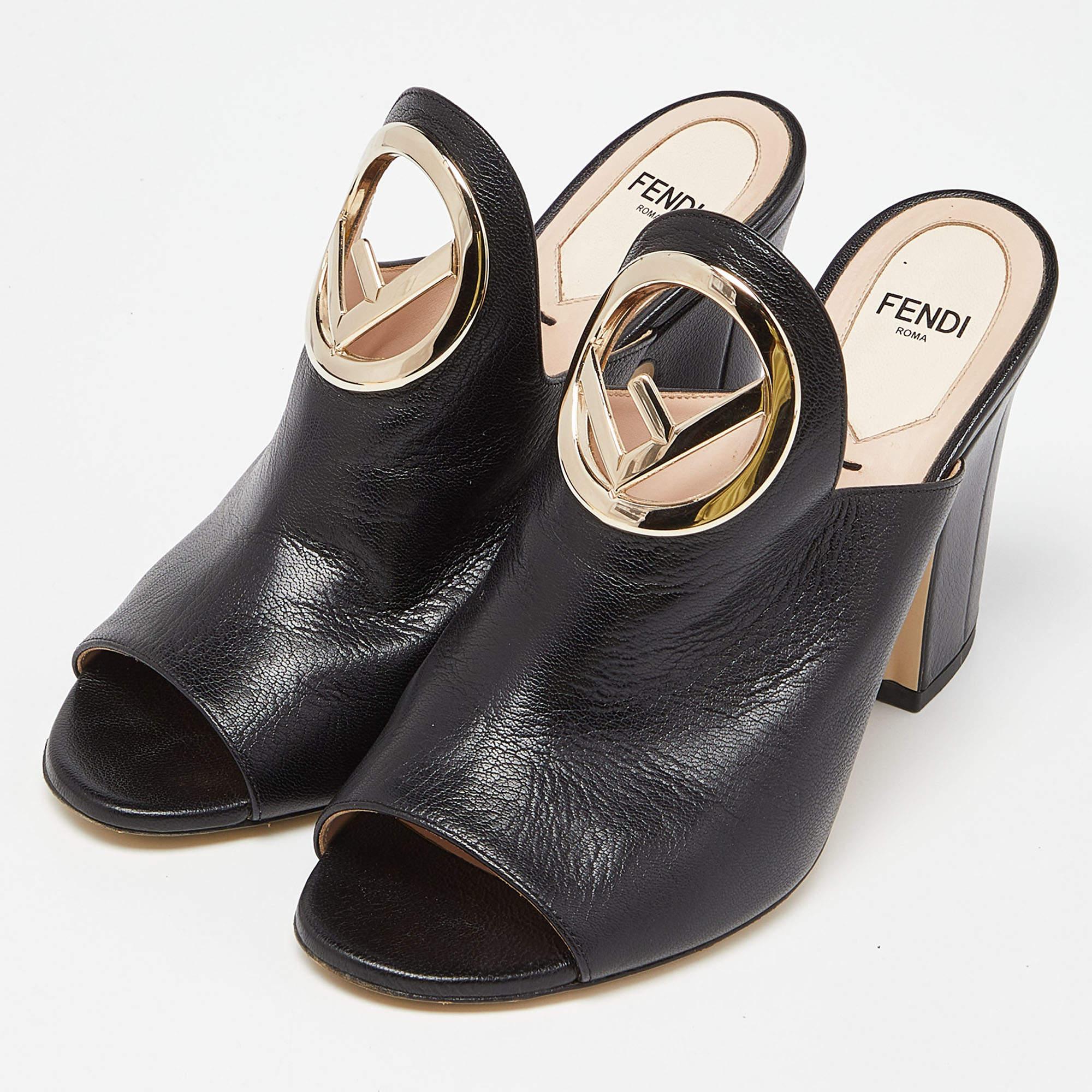 Fendi Black Leather Open Toe Mules Size 38 2