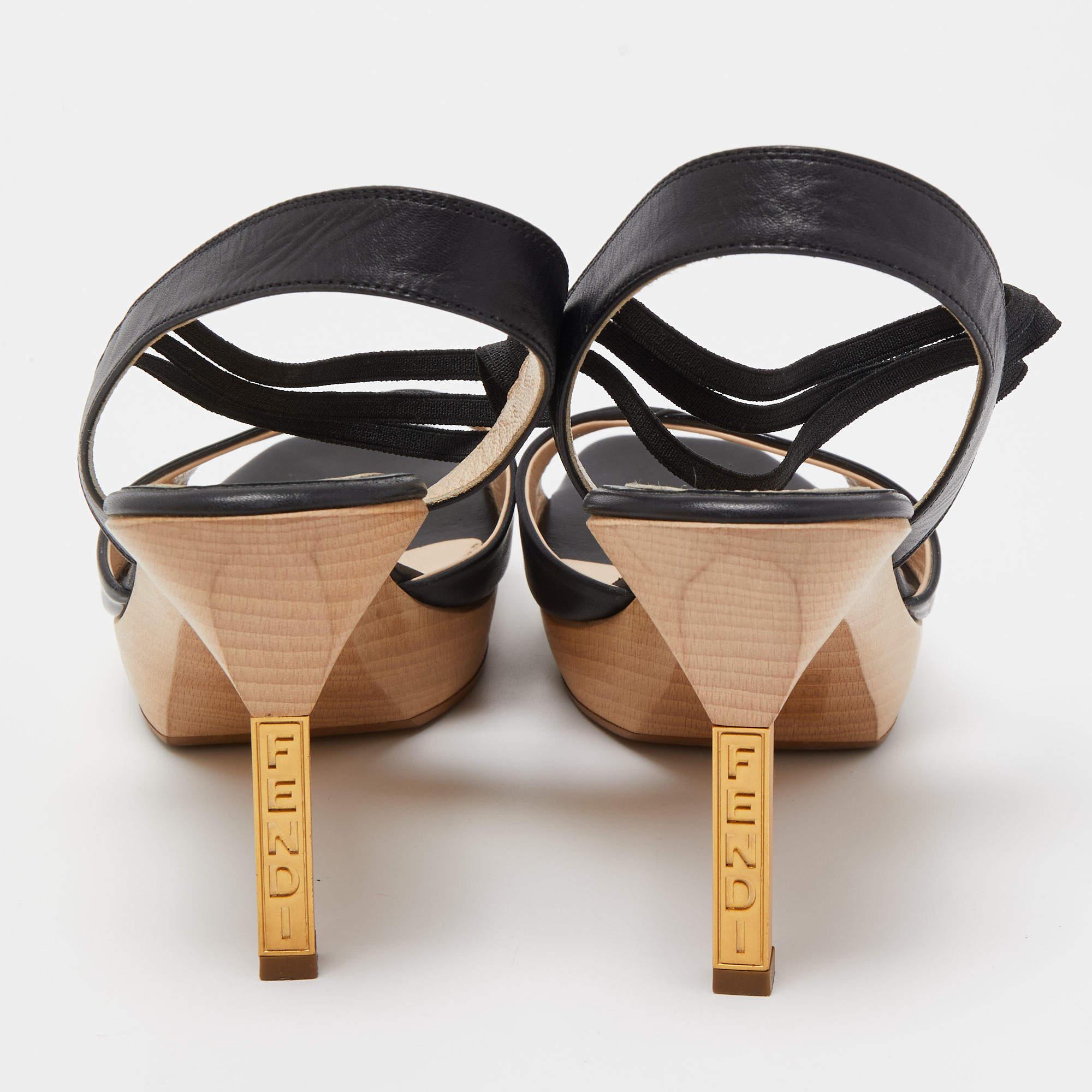 Brown Fendi Black Leather Open Toe Platform Ankle Strap Sandals Size 40 For Sale