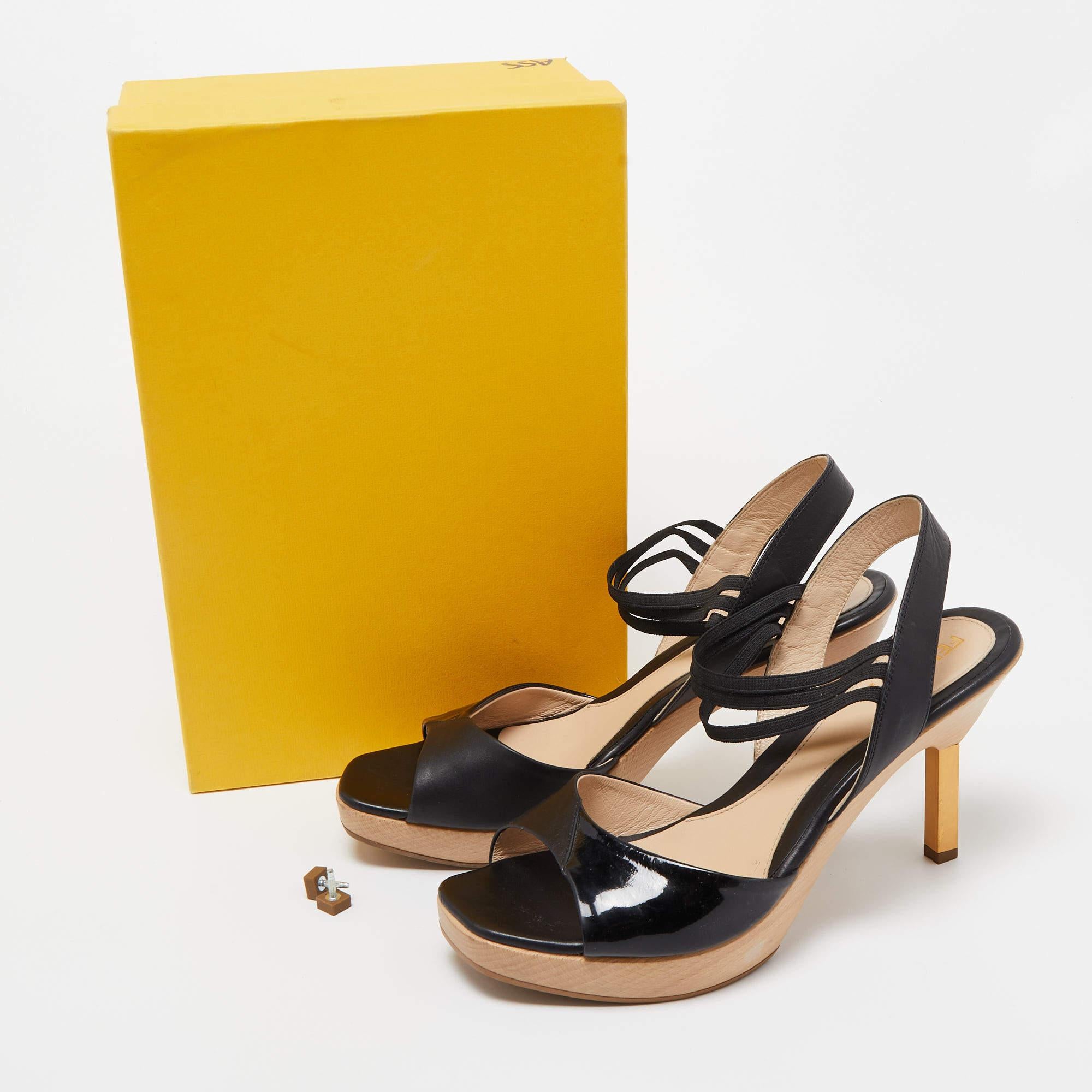 Fendi Black Leather Open Toe Platform Ankle Strap Sandals Size 40 For Sale 2
