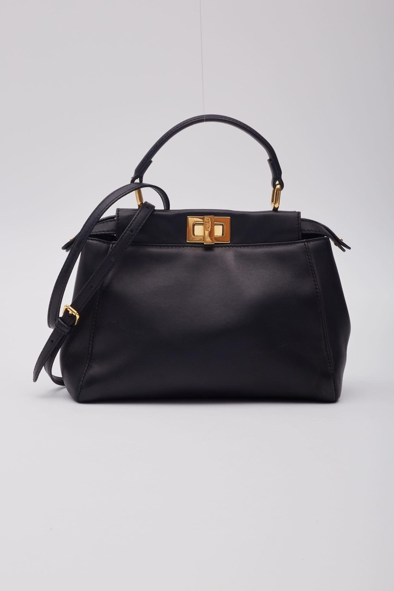 Fendi Black Leather Peekaboo Mini Top Handle Bag In Good Condition In Montreal, Quebec