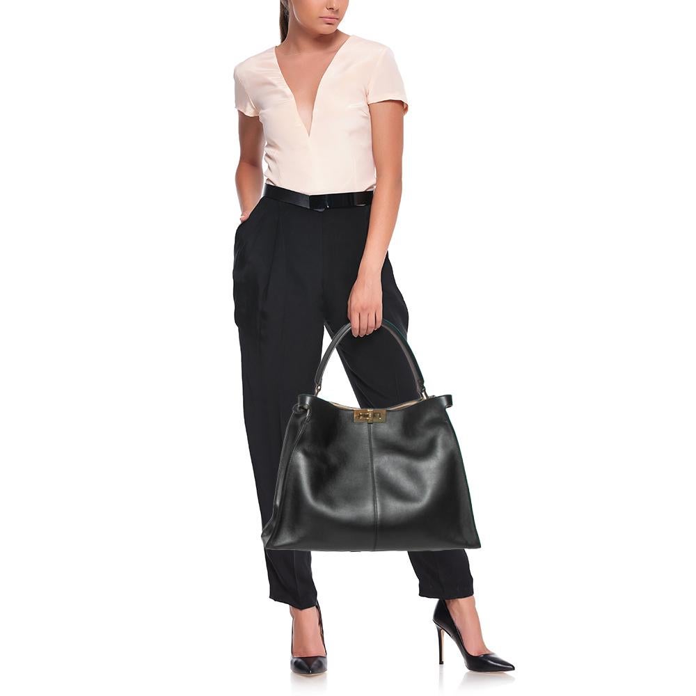 Fendi Black Leather Peekaboo X Lite Top Handle Bag In Good Condition In Dubai, Al Qouz 2