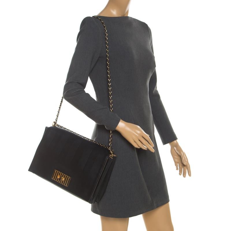 Fendi Black Leather Pequin Large Claudia Shoulder Bag In Good Condition In Dubai, Al Qouz 2