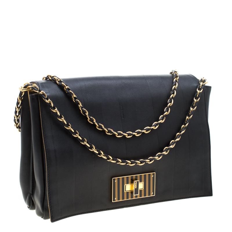 Women's Fendi Black Leather Pequin Large Claudia Shoulder Bag