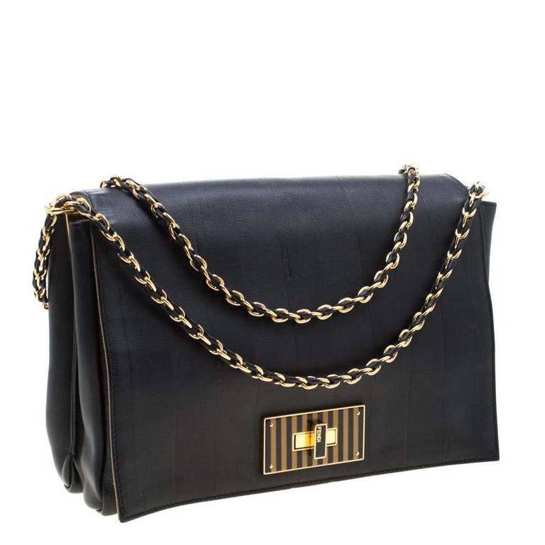 Fendi Black Leather Pequin Large Claudia Shoulder Bag For Sale at 1stdibs
