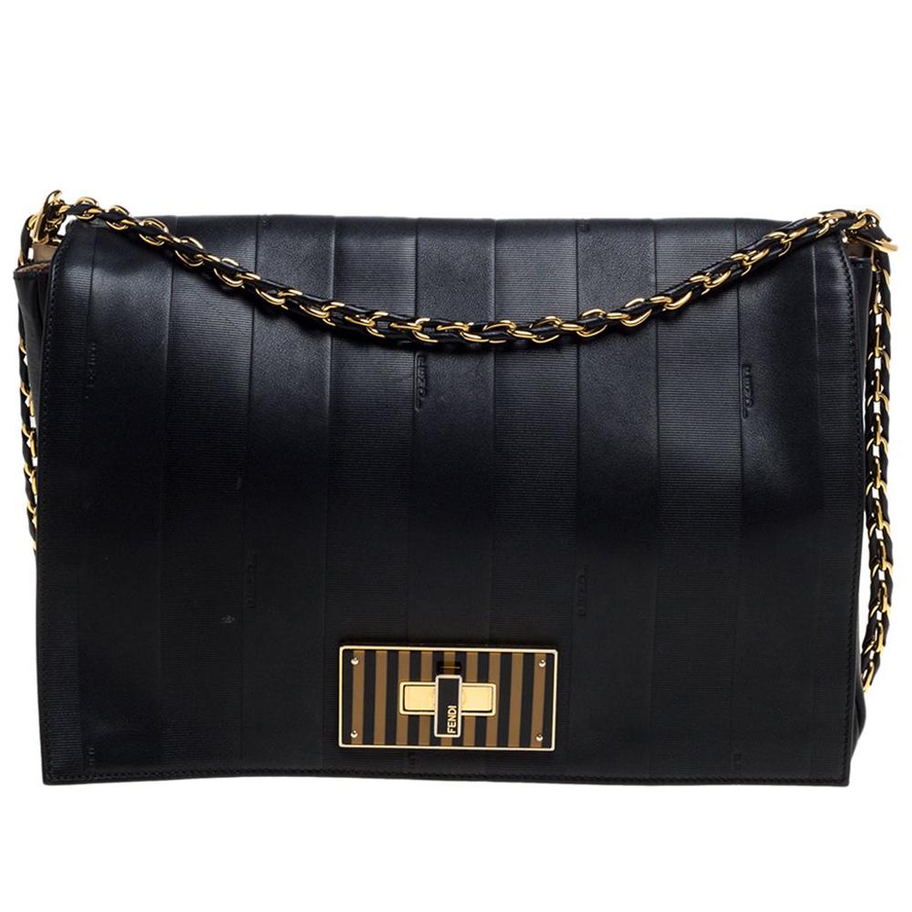 Fendi Black Leather Pequin Large Claudia Shoulder Bag