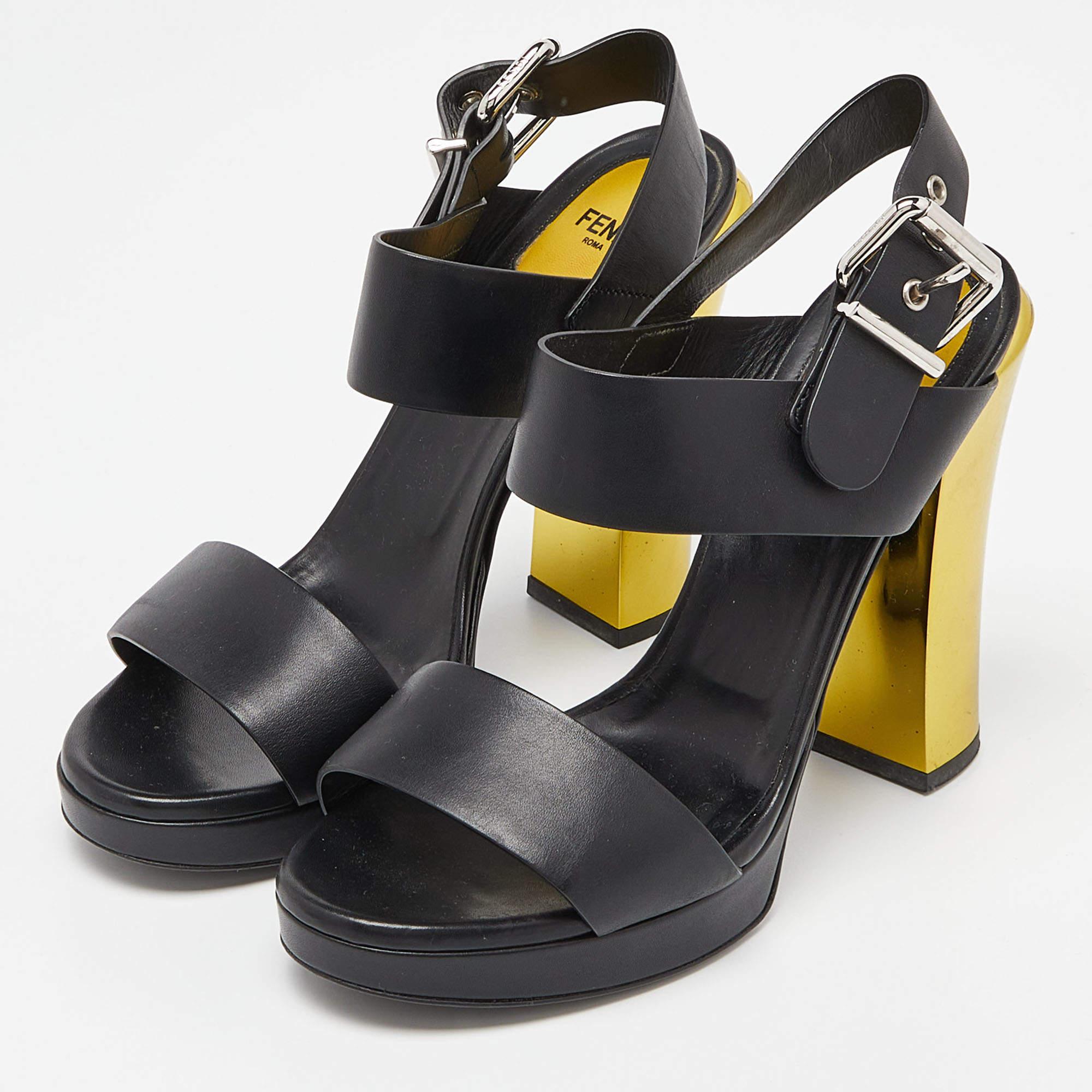Women's Fendi Black Leather Plateau Block Heel Sandals Size 39 For Sale