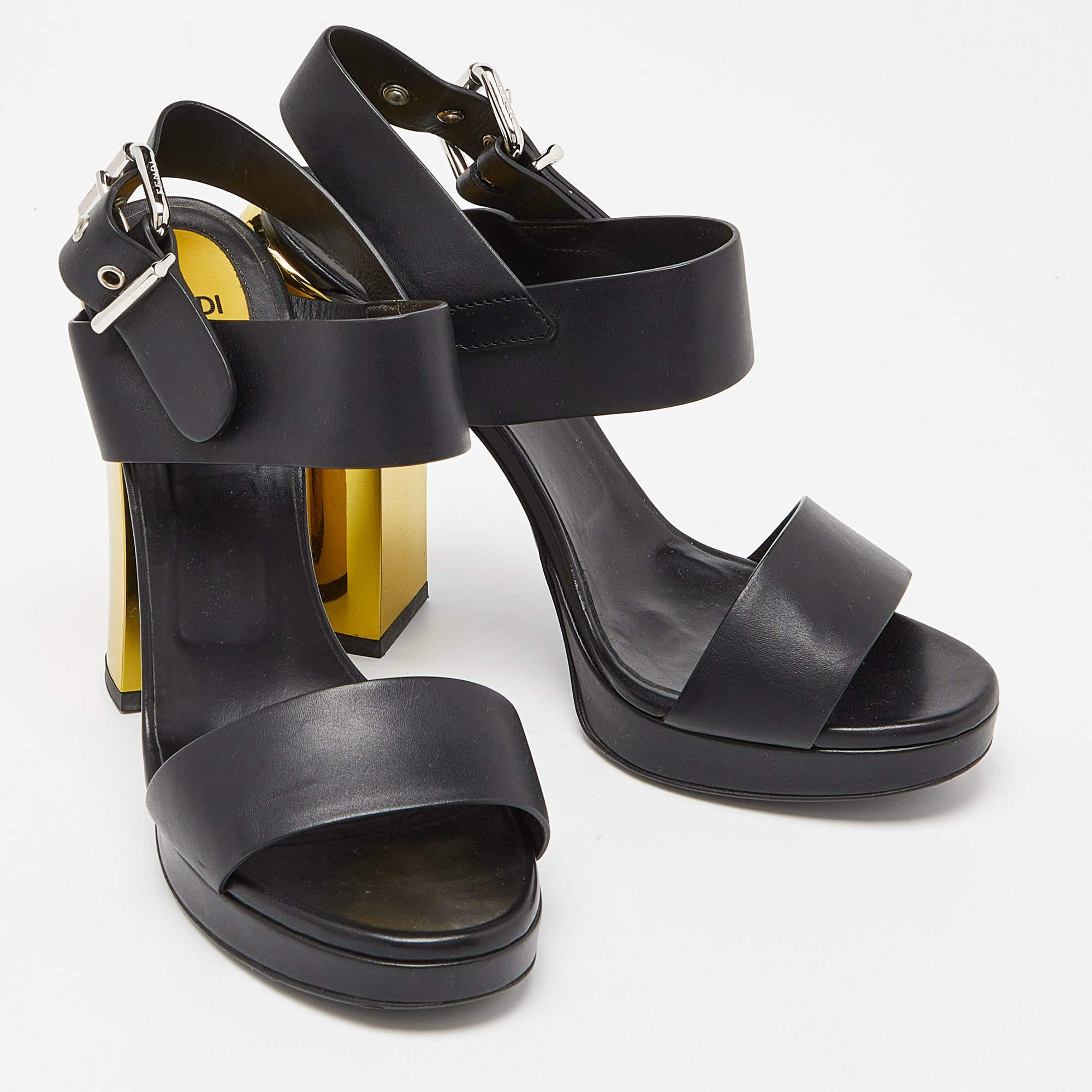 Fendi Black Leather Plateau Block Heel Sandals Size 39 For Sale 1