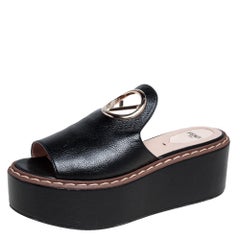 Fendi Black Leather Platform Slide Sandals Size 37
