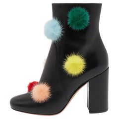 Fendi Black Leather Pom Pom Ankle Boots Size 38.5