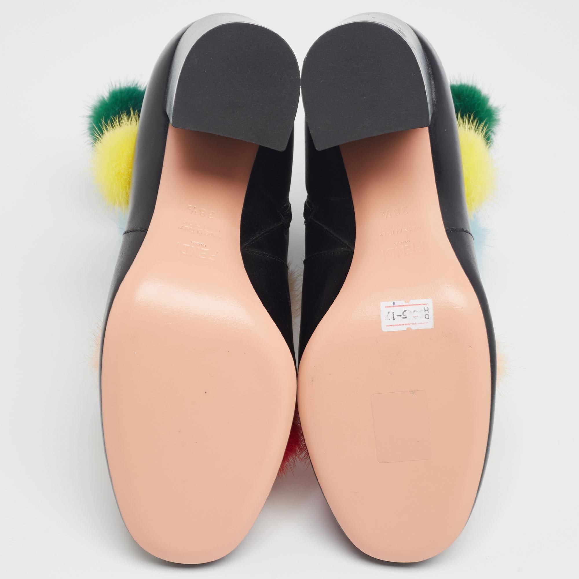 Women's Fendi Black Leather Pom Pom Block Heel Ankle Booties Size 38.5