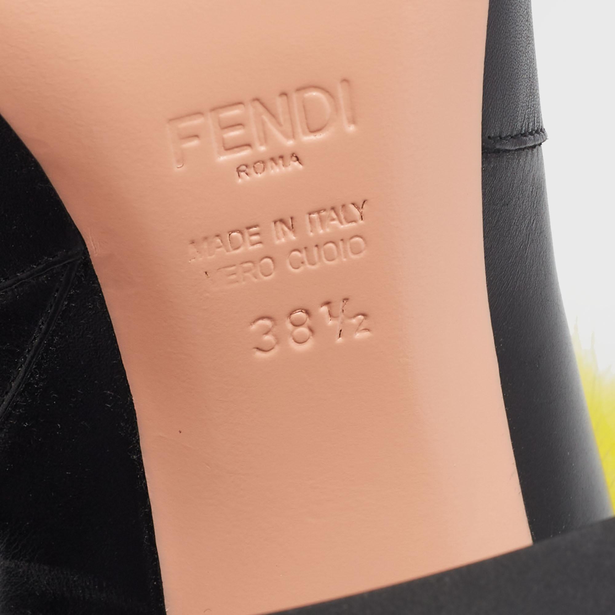 Fendi Black Leather Pom Pom Block Heel Ankle Booties Size 38.5 3