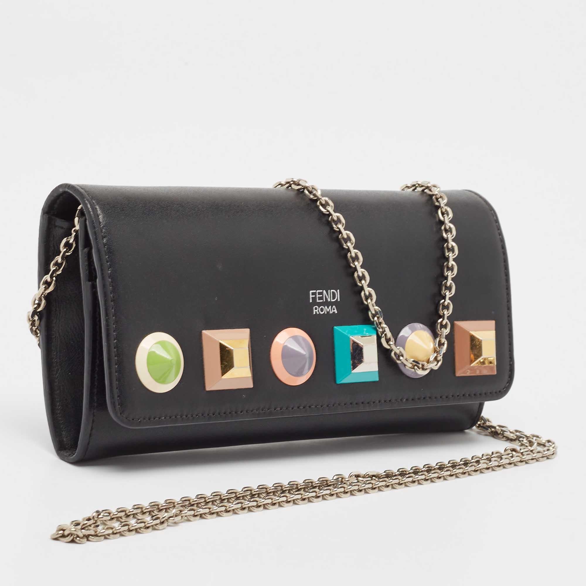 Fendi Black Leather Rainbow Stud Flap Wallet on Chain In Good Condition In Dubai, Al Qouz 2