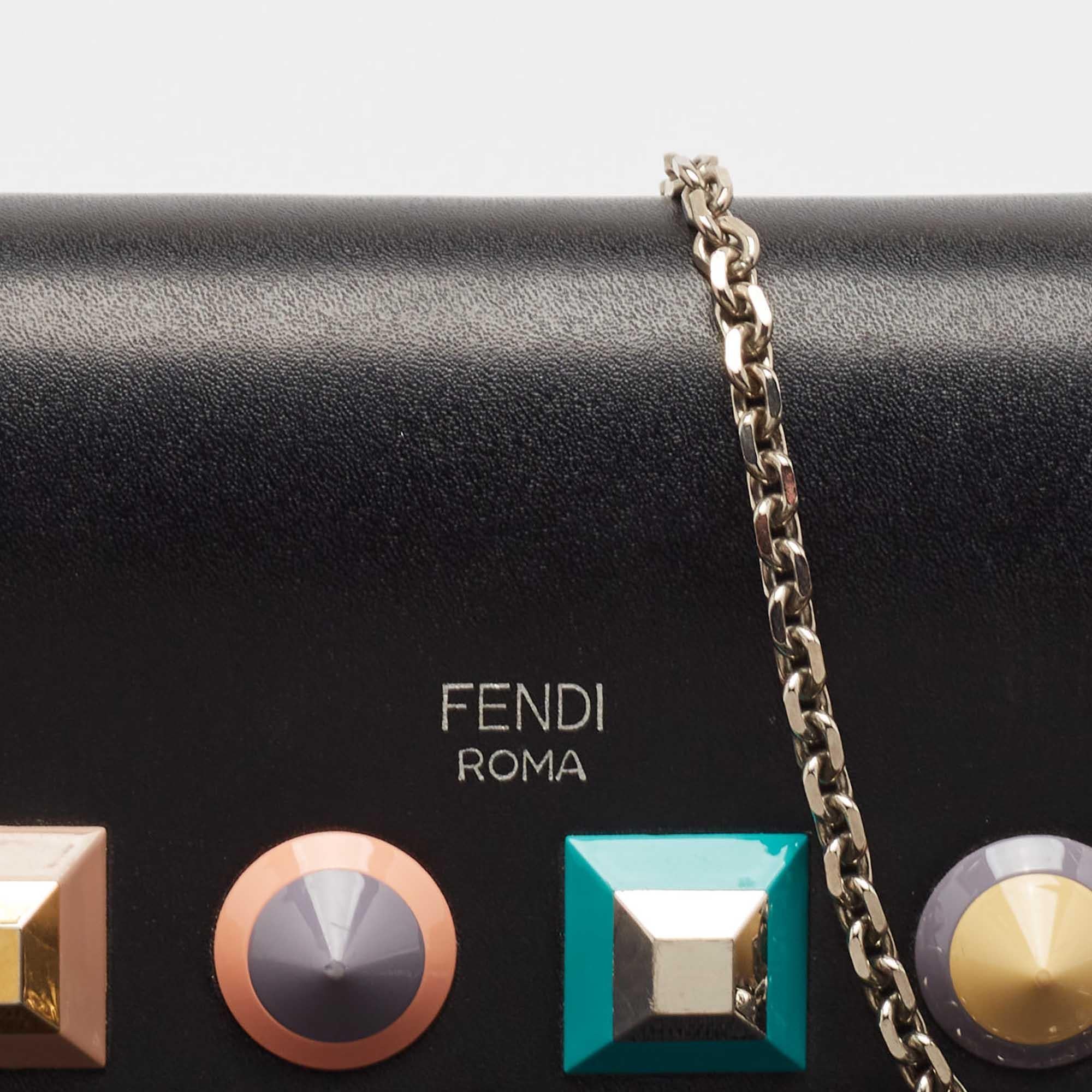 Fendi Black Leather Rainbow Stud Flap Wallet on Chain 1