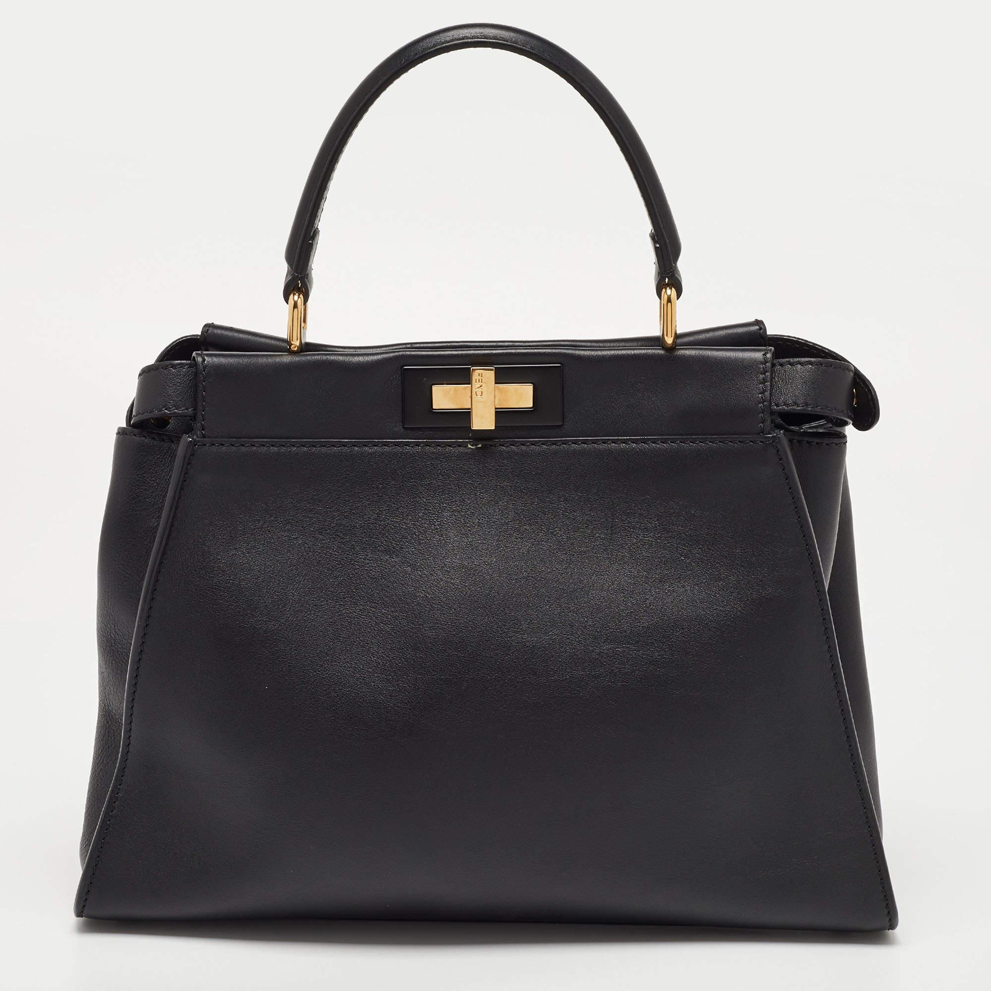 Fendi Black Leather Regular Peekaboo Top Handle Bag For Sale 2